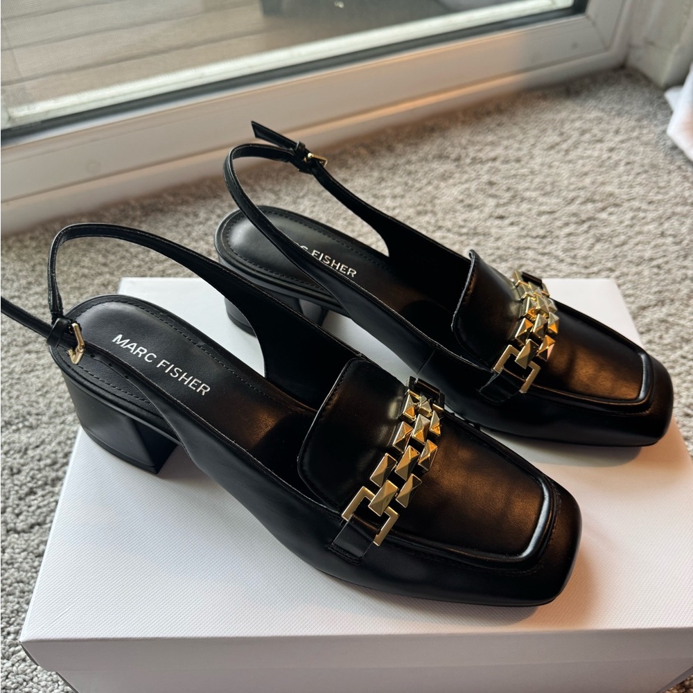 Marc Fisher Black Loafers with Gold Chain